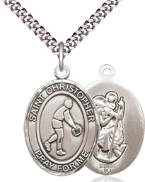 [7153SS/24S] Sterling Silver Saint Christopher Basketball Pendant on a 24 inch Light Rhodium Heavy Curb chain