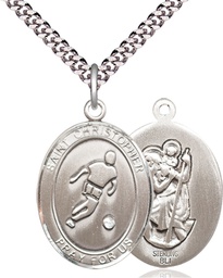 [7154SS/24S] Sterling Silver Saint Christopher Soccer Pendant on a 24 inch Light Rhodium Heavy Curb chain