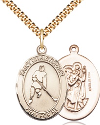 [7155GF/24G] 14kt Gold Filled Saint Christopher Ice Hockey Pendant on a 24 inch Gold Plate Heavy Curb chain