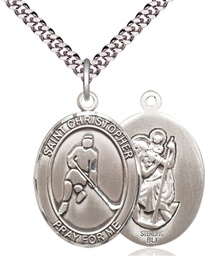 [7155SS/24S] Sterling Silver Saint Christopher Ice Hockey Pendant on a 24 inch Light Rhodium Heavy Curb chain