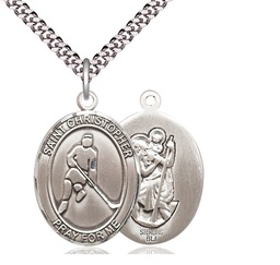 [7155SS/24S] Sterling Silver Saint Christopher Ice Hockey Pendant on a 24 inch Light Rhodium Heavy Curb chain