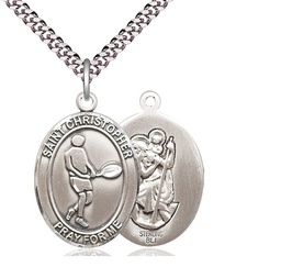 [7156SS/24S] Sterling Silver Saint Christopher Tennis Pendant on a 24 inch Light Rhodium Heavy Curb chain