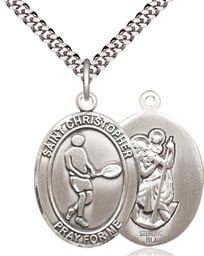 [7156SS/24S] Sterling Silver Saint Christopher Tennis Pendant on a 24 inch Light Rhodium Heavy Curb chain