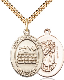 [7157GF/24G] 14kt Gold Filled Saint Christopher Swimming Pendant on a 24 inch Gold Plate Heavy Curb chain