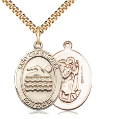 [7157GF/24G] 14kt Gold Filled Saint Christopher Swimming Pendant on a 24 inch Gold Plate Heavy Curb chain