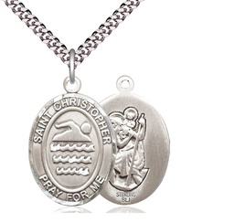 [7157SS/24S] Sterling Silver Saint Christopher Swimming Pendant on a 24 inch Light Rhodium Heavy Curb chain