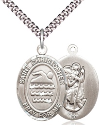 [7157SS/24S] Sterling Silver Saint Christopher Swimming Pendant on a 24 inch Light Rhodium Heavy Curb chain