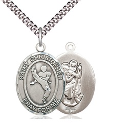 [7158SS/24S] Sterling Silver Saint Christopher Martial Arts Pendant on a 24 inch Light Rhodium Heavy Curb chain