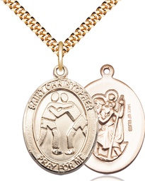 [7159GF/24G] 14kt Gold Filled Saint Christopher Wrestling Pendant on a 24 inch Gold Plate Heavy Curb chain