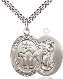 [7159SS/24S] Sterling Silver Saint Christopher Wrestling Pendant on a 24 inch Light Rhodium Heavy Curb chain