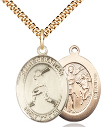 [7160GF/24G] 14kt Gold Filled Saint Sebastian Baseball Pendant on a 24 inch Gold Plate Heavy Curb chain