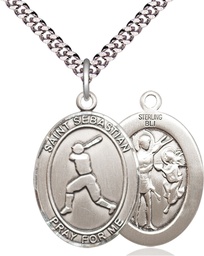 [7160SS/24S] Sterling Silver Saint Sebastian Baseball Pendant on a 24 inch Light Rhodium Heavy Curb chain