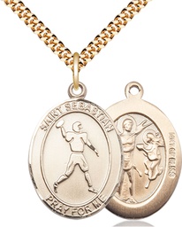 [7161GF/24G] 14kt Gold Filled Saint Sebastian Football Pendant on a 24 inch Gold Plate Heavy Curb chain