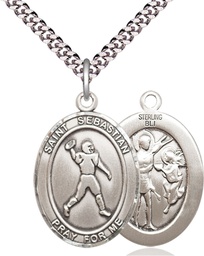 [7161SS/24S] Sterling Silver Saint Sebastian Football Pendant on a 24 inch Light Rhodium Heavy Curb chain