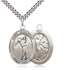 [7162SS/24S] Sterling Silver Saint Sebastian Golf Pendant on a 24 inch Light Rhodium Heavy Curb chain