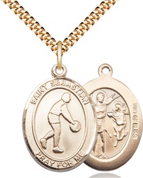 [7163GF/24G] 14kt Gold Filled Saint Sebastian Basketball Pendant on a 24 inch Gold Plate Heavy Curb chain