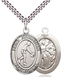 [7163SS/24S] Sterling Silver Saint Sebastian Basketball Pendant on a 24 inch Light Rhodium Heavy Curb chain