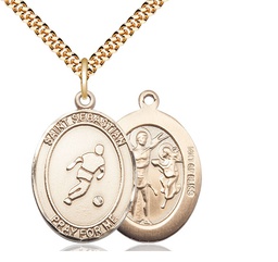 [7164GF/24G] 14kt Gold Filled Saint Sebastian Soccer Pendant on a 24 inch Gold Plate Heavy Curb chain