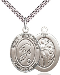 [7164SS/24S] Sterling Silver Saint Sebastian Soccer Pendant on a 24 inch Light Rhodium Heavy Curb chain