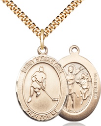 [7165GF/24G] 14kt Gold Filled Saint Sebastian Ice Hockey Pendant on a 24 inch Gold Plate Heavy Curb chain