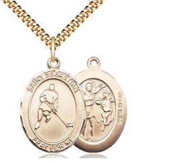 [7165GF/24G] 14kt Gold Filled Saint Sebastian Ice Hockey Pendant on a 24 inch Gold Plate Heavy Curb chain