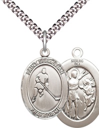 [7165SS/24S] Sterling Silver Saint Sebastian Ice Hockey Pendant on a 24 inch Light Rhodium Heavy Curb chain