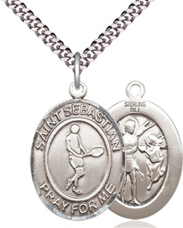 [7166SS/24S] Sterling Silver Saint Sebastian Tennis Pendant on a 24 inch Light Rhodium Heavy Curb chain