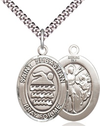 [7167SS/24S] Sterling Silver Saint Sebastian Swimming Pendant on a 24 inch Light Rhodium Heavy Curb chain