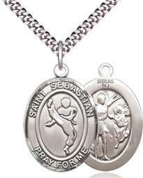 [7168SS/24S] Sterling Silver Saint Sebastian Martial Arts Pendant on a 24 inch Light Rhodium Heavy Curb chain