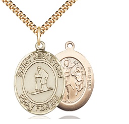 [7169GF/24G] 14kt Gold Filled Saint Sebastian Skiing Pendant on a 24 inch Gold Plate Heavy Curb chain
