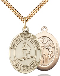 [7169GF/24G] 14kt Gold Filled Saint Sebastian Skiing Pendant on a 24 inch Gold Plate Heavy Curb chain