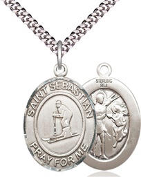 [7169SS/24S] Sterling Silver Saint Sebastian Skiing Pendant on a 24 inch Light Rhodium Heavy Curb chain