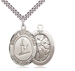 [7169SS/24S] Sterling Silver Saint Sebastian Skiing Pendant on a 24 inch Light Rhodium Heavy Curb chain