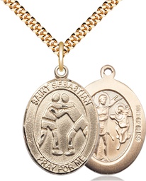 [7171GF/24G] 14kt Gold Filled Saint Sebastian Wrestling Pendant on a 24 inch Gold Plate Heavy Curb chain