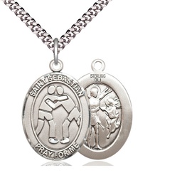 [7171SS/24S] Sterling Silver Saint Sebastian Wrestling Pendant on a 24 inch Light Rhodium Heavy Curb chain