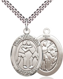 [7171SS/24S] Sterling Silver Saint Sebastian Wrestling Pendant on a 24 inch Light Rhodium Heavy Curb chain