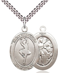 [7173SS/24S] Sterling Silver Saint Sebastian Dance Pendant on a 24 inch Light Rhodium Heavy Curb chain