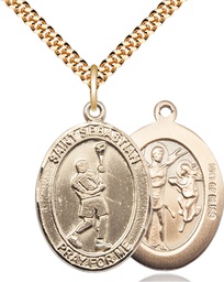 [7174GF/24G] 14kt Gold Filled Saint Sebastian Lacrosse Pendant on a 24 inch Gold Plate Heavy Curb chain