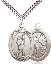 [7174SS/24S] Sterling Silver Saint Sebastian Lacrosse Pendant on a 24 inch Light Rhodium Heavy Curb chain