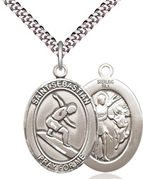 [7175SS/24S] Sterling Silver Saint Sebastian Surfing Pendant on a 24 inch Light Rhodium Heavy Curb chain