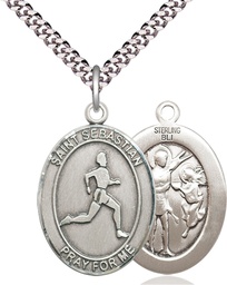 [7176SS/24S] Sterling Silver Saint Sebastian Track and Field Pendant on a 24 inch Light Rhodium Heavy Curb chain