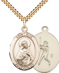 [7181GF/24G] 14kt Gold Filled Saint Rita Baseball Pendant on a 24 inch Gold Plate Heavy Curb chain