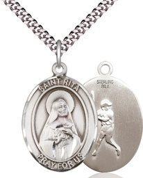 [7181SS/24S] Sterling Silver Saint Rita Baseball Pendant on a 24 inch Light Rhodium Heavy Curb chain