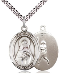 [7181SS/24S] Sterling Silver Saint Rita Baseball Pendant on a 24 inch Light Rhodium Heavy Curb chain