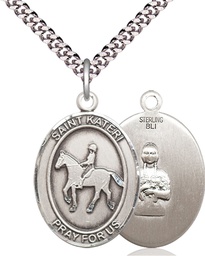 [7182SS/24S] Sterling Silver Saint Kateri Equestrian Pendant on a 24 inch Light Rhodium Heavy Curb chain