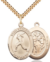 [7183GF/24G] 14kt Gold Filled Saint Sebastian  Softball Pendant on a 24 inch Gold Plate Heavy Curb chain