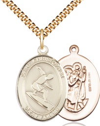 [7184GF/24G] 14kt Gold Filled Saint Christopher Surfing Pendant on a 24 inch Gold Plate Heavy Curb chain