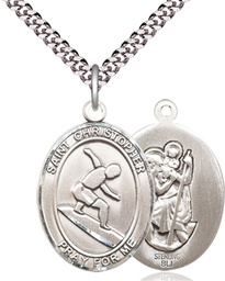 [7184SS/24S] Sterling Silver Saint Christopher Surfing Pendant on a 24 inch Light Rhodium Heavy Curb chain