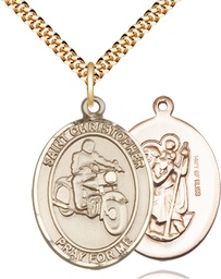 [7185GF/24G] 14kt Gold Filled Saint Christopher Motorcycle Pendant on a 24 inch Gold Plate Heavy Curb chain