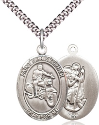 [7185SS/24S] Sterling Silver Saint Christopher Motorcycle Pendant on a 24 inch Light Rhodium Heavy Curb chain